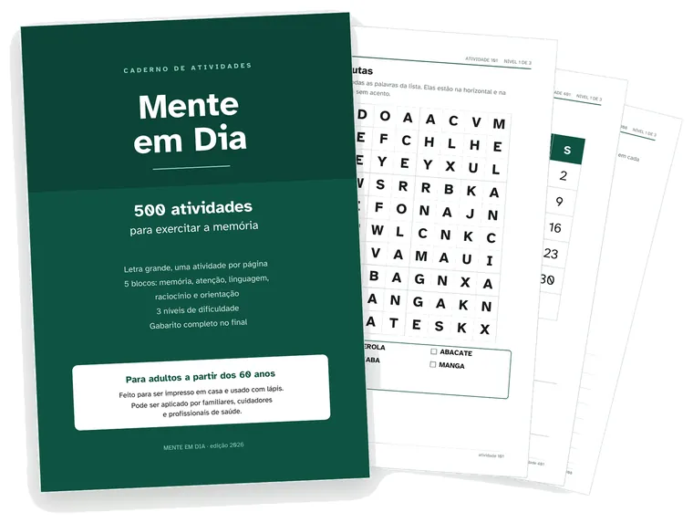 Capa do caderno Mente em Dia com três páginas de atividades ao lado.