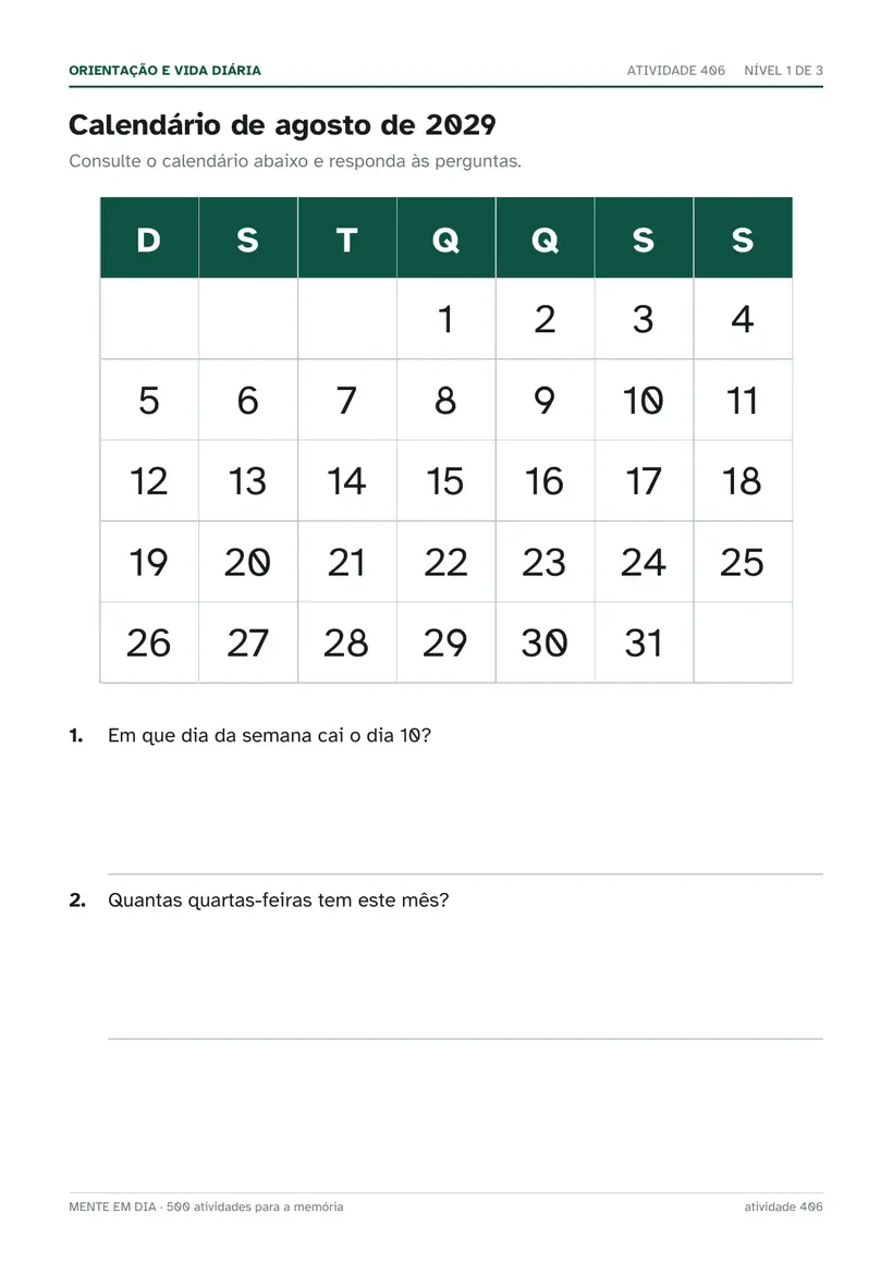 Página de atividade: calendário de um mês inteiro com perguntas sobre dias da semana.