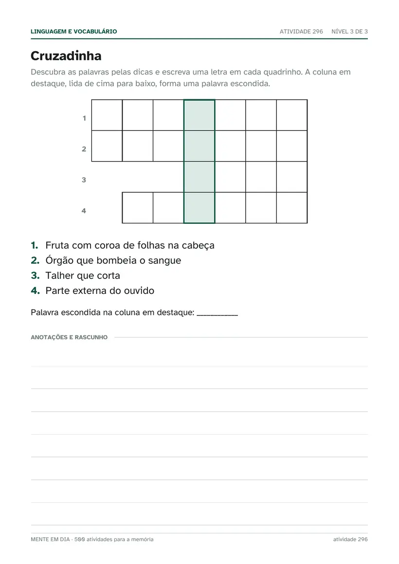Página de atividade: cruzadinha de quatro linhas com coluna destacada e lista de dicas numeradas.