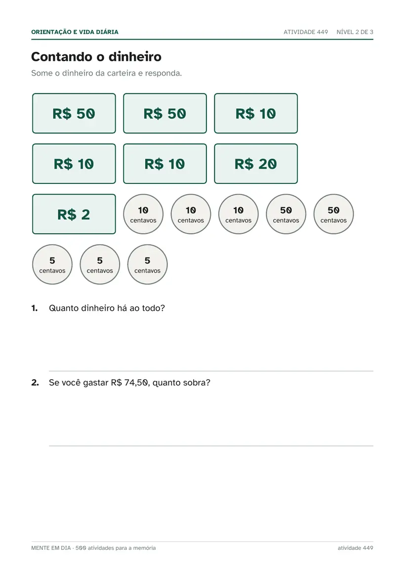 Página de atividade: contando o dinheiro, com desenhos de notas e moedas e duas perguntas sobre o total.