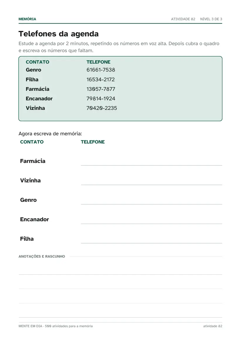 Página de atividade: telefones da agenda, com uma tabela de contatos e números para memorizar.